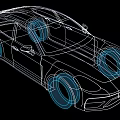 Car Line Drawing with Blue Wheels on Black Background Illustration