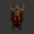 Man In Horned Armor With Red Gold Attire And Spiked Cloak Standing On Base