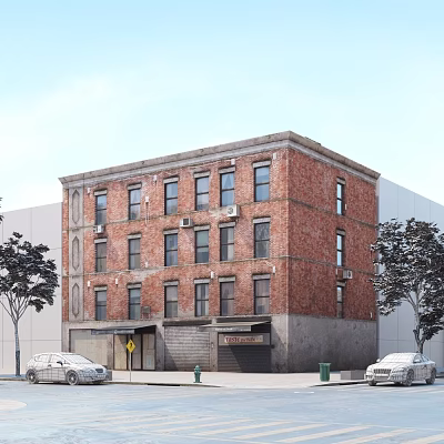 Red Brick Multi Story Building Exterior View on Urban Street with Parked Cars and Trees 3d model