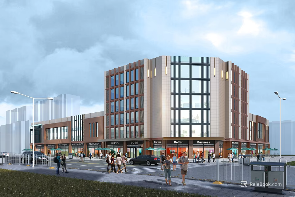 Modern Commercial Street With Contemporary Building Exterior Glass Curtain Walls Pedestrians Shops And Vehicles 3d model 