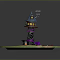 Magical Tower Structure With Round Grass Base Water Pond Wooden Bridge And Cloud Decoration