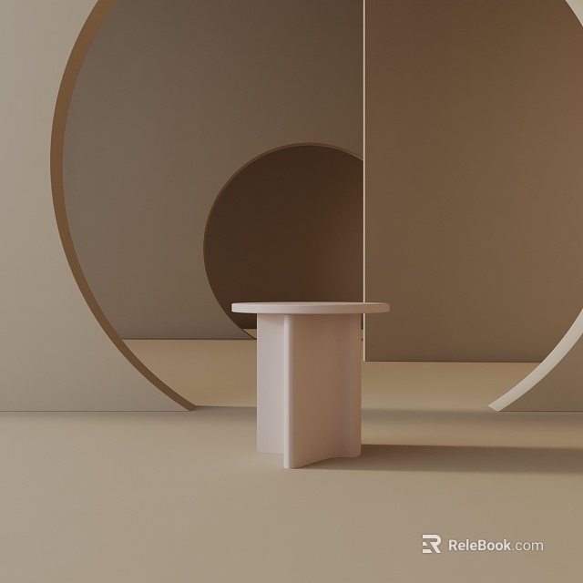 Modern Minimalist Side Table Featuring Light Beige Round Top And Square Base Against Curved Wall 3d model 
