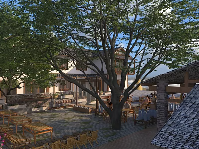 Outdoor Courtyard Swing Door With Trees Tables Chairs And Two Story Tile Roof House 3d model