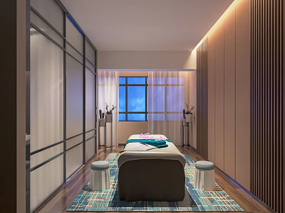 Modern SPA Sauna Room Interior With Massage Bed Soft Lighting And Area Rug 3d model