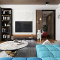Modern Living Room Interior With Blue Sofa Gray Rug Artwork Floor Lamp And Wooden Ceiling