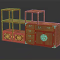Traditional Chinese Wooden Furniture Set With Carved Drawers Open Shelves And Circular Patterns