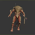 Mechanical Sci Fi Creature With Golden Head Red Armor And Sharp Weapon