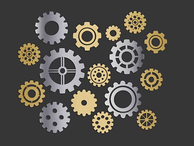 Industrial Equipment Mechanical Gears in Various Sizes with Gold and Silver Colors on Dark Background 3d model