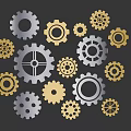Industrial Equipment Mechanical Gears in Various Sizes with Gold and Silver Colors on Dark Background