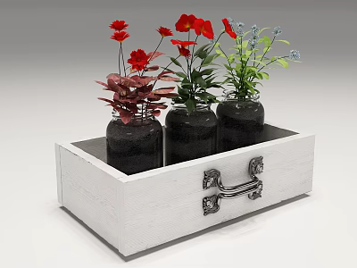 Red Flowers and Green Plants Arranged in Black Vases on White Wooden Box 3d model