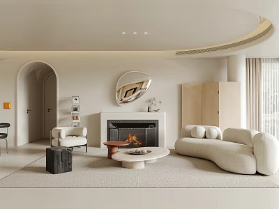 Modern Living Room With Curved Ceiling Arched Doorway Round Mirror Fireplace And Beige Sofa 3d model