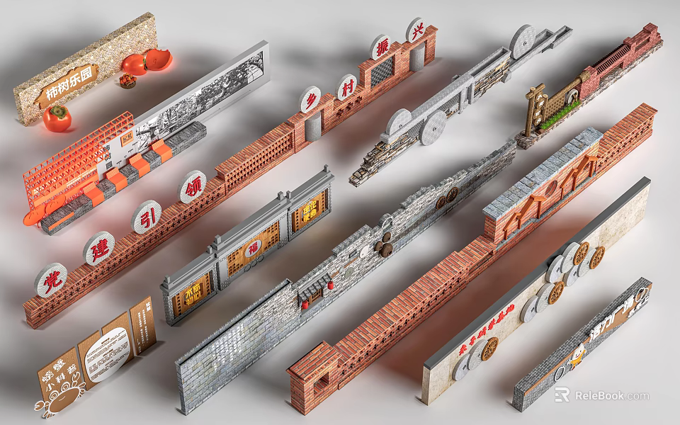 Traditional Chinese Background Wall With Brick Patterns Fu Characters And Lantern Decorations 3d model