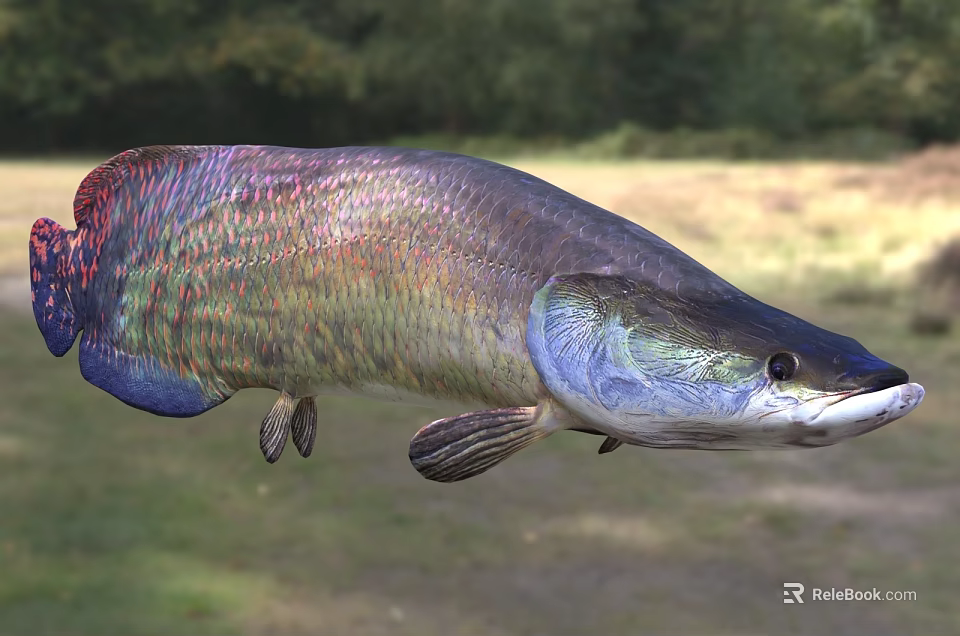 Vibrant Freshwater Fish With Iridescent Scales In Natural Habitat Near Grassland And Trees 3d model 