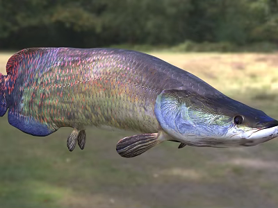 Vibrant Freshwater Fish With Iridescent Scales In Natural Habitat Near Grassland And Trees 3d model