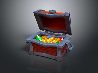 Open Treasure Chest Filled With Shining Gold Coins And Colorful Gems 3d model