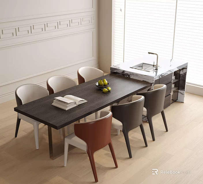 Modern Dark Dining Table and Mixed Color Chairs Set in Bright Room With Fruit Bowl 3d model 