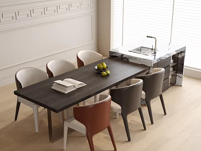 Modern Dark Dining Table and Mixed Color Chairs Set in Bright Room With Fruit Bowl 3d model