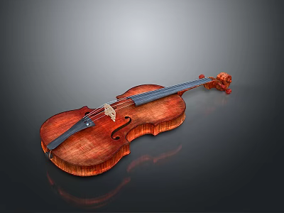 3D Rendered Polished Wooden Violin With Reflection On Dark Background 3d model