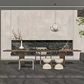 Elegant Tea Room Interior Design With Long Wooden Table White Stools And Pendant Light