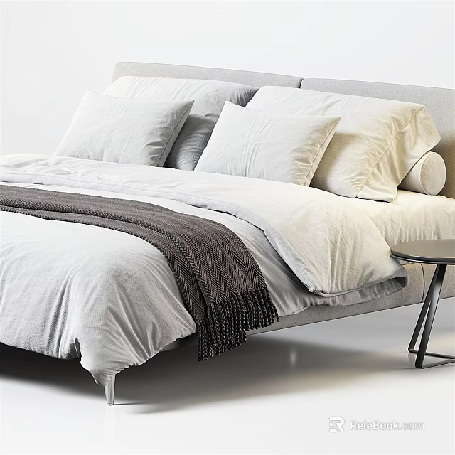 Modern Double Bed With White Bedding Dark Blanket And Small Side Table 3d model 