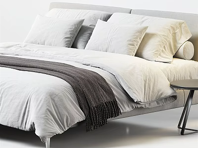 Modern Double Bed With White Bedding Dark Blanket And Small Side Table 3d model