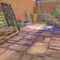 Red Brick Walls And Stone Tile Floor With Wooden Pallets Barrels And Crates
