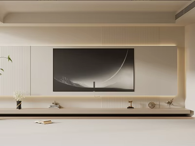 Sleek Modern TV Wall Design In Living Room With Vertical Stripes Floating Shelf And Greenery 3d model