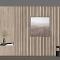 Wooden Vertical Slat Background Wall with Landscape Painting Vase Plant Shelf and Side Table Decor