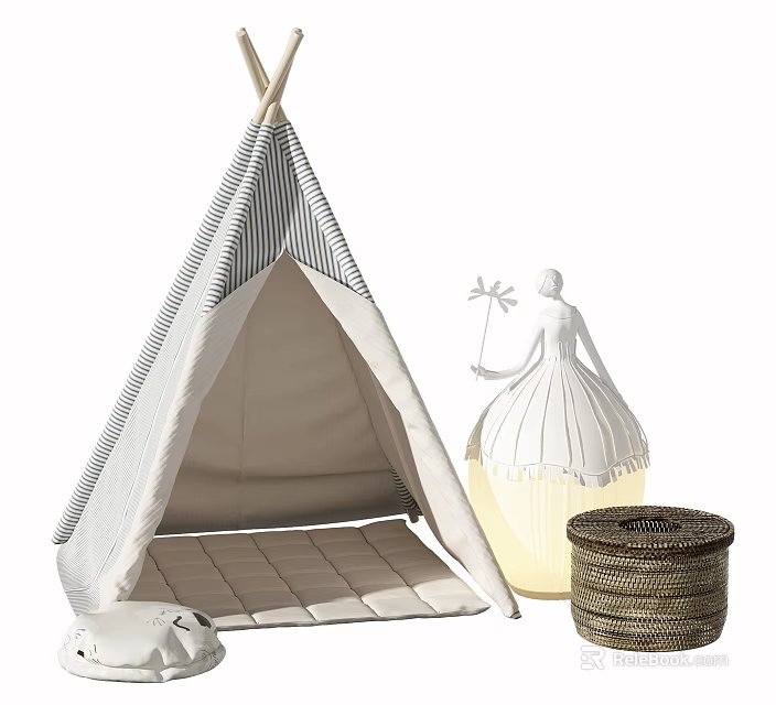 Gray and White Striped Tepee Tent Featuring Cushioned Floor White Decorative Figurine and Woven Basket 3d model 