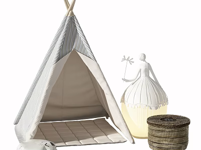 Gray and White Striped Tepee Tent Featuring Cushioned Floor White Decorative Figurine and Woven Basket 3d model