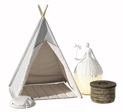 Gray and White Striped Tepee Tent Featuring Cushioned Floor White Decorative Figurine and Woven Basket 3d model