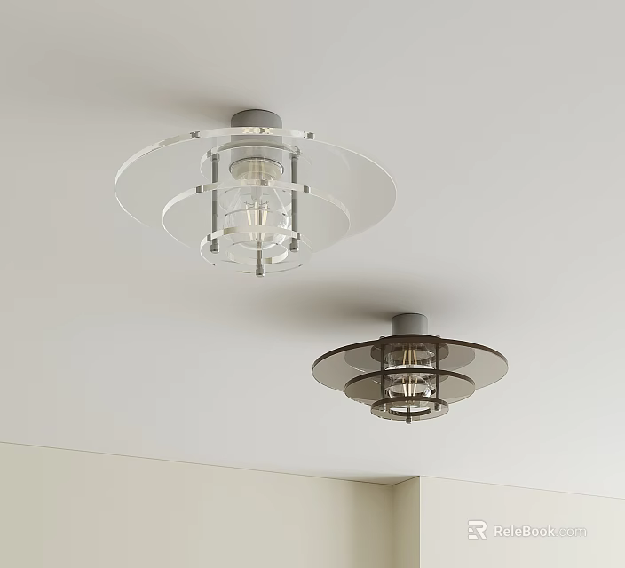 Two Modern Ceiling Lights With Transparent Shades On White Ceiling 3d model