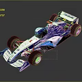 Blue And White Formula One Race Car With Streamlined Design And Sponsor Logos
