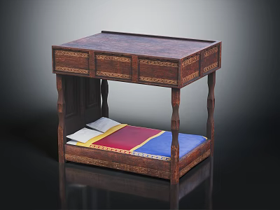 Traditional Wooden Double Bed With Carved Drawers Upper Table Top And Colorful Mattress 3d model
