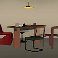 Modern Dining Table And Chairs Set With Colorful Seats Yellow Pendant Light And Tabletop Items