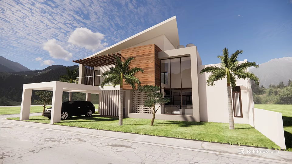 Modern Detached Villa With White Exterior Wooden Accents Large Windows Green Lawn And Palm Trees 3d model 