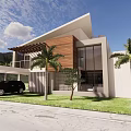 Modern Detached Villa With White Exterior Wooden Accents Large Windows Green Lawn And Palm Trees