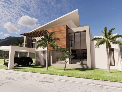 Modern Detached Villa With White Exterior Wooden Accents Large Windows Green Lawn And Palm Trees 3d model