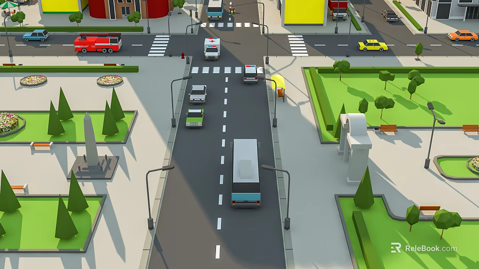 Colorful Cartoon City Street Scene With Vehicles Crossroads Zebra Crossing Street Lamps And Green Trees 3d model 