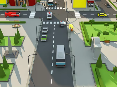 Colorful Cartoon City Street Scene With Vehicles Crossroads Zebra Crossing Street Lamps And Green Trees 3d model