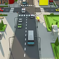 Colorful Cartoon City Street Scene With Vehicles Crossroads Zebra Crossing Street Lamps And Green Trees