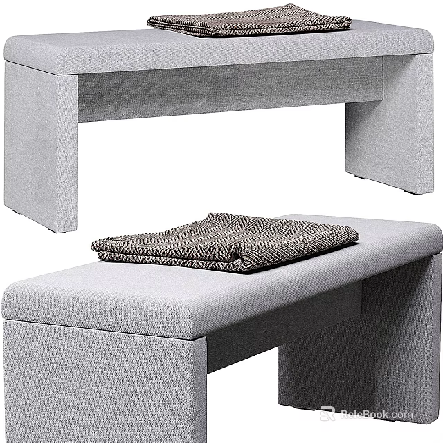 Gray Upholstered Bench With Geometric Pattern Blanket And Soft Fabric Detail 3d model 