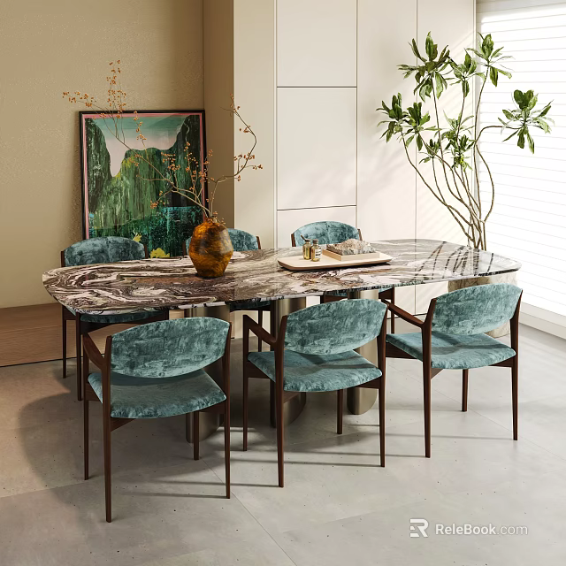 Elegant Dining Room With Marble Table Blue Velvet Chairs Green Painting Plants And White Shutters 3d model 