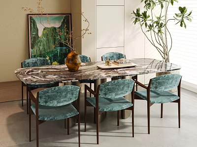 Elegant Dining Room With Marble Table Blue Velvet Chairs Green Painting Plants And White Shutters 3d model