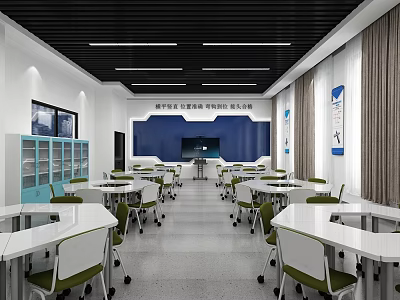 School Modern Classroom With White Tables Green Chairs Blue Wall And Storage Cabinets 3d model