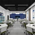 School Modern Classroom With White Tables Green Chairs Blue Wall And Storage Cabinets