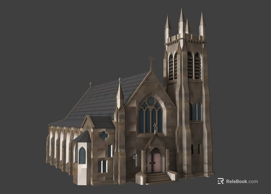 Ancient Church Architecture With Spires Cross Arched Windows And Stone Exterior 3d model 