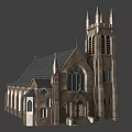 Ancient Church Architecture With Spires Cross Arched Windows And Stone Exterior