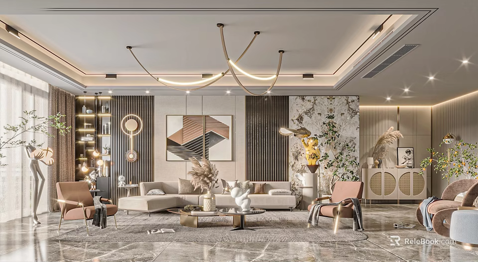 Modern Living Room Interior With Sofa Coffee Table Chandelier Green Plants And Decorative Rug 3d model 