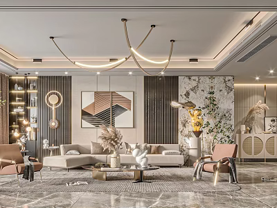 Modern Living Room Interior With Sofa Coffee Table Chandelier Green Plants And Decorative Rug 3d model